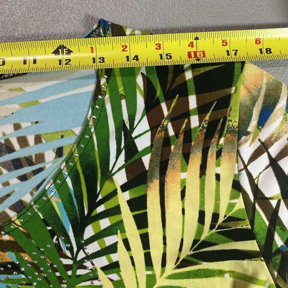 VALENTINA Top Scoop Neck 3/4 Sleeve Rhinestone Tropical Blouse Womens M Green - Picture 4 of 8